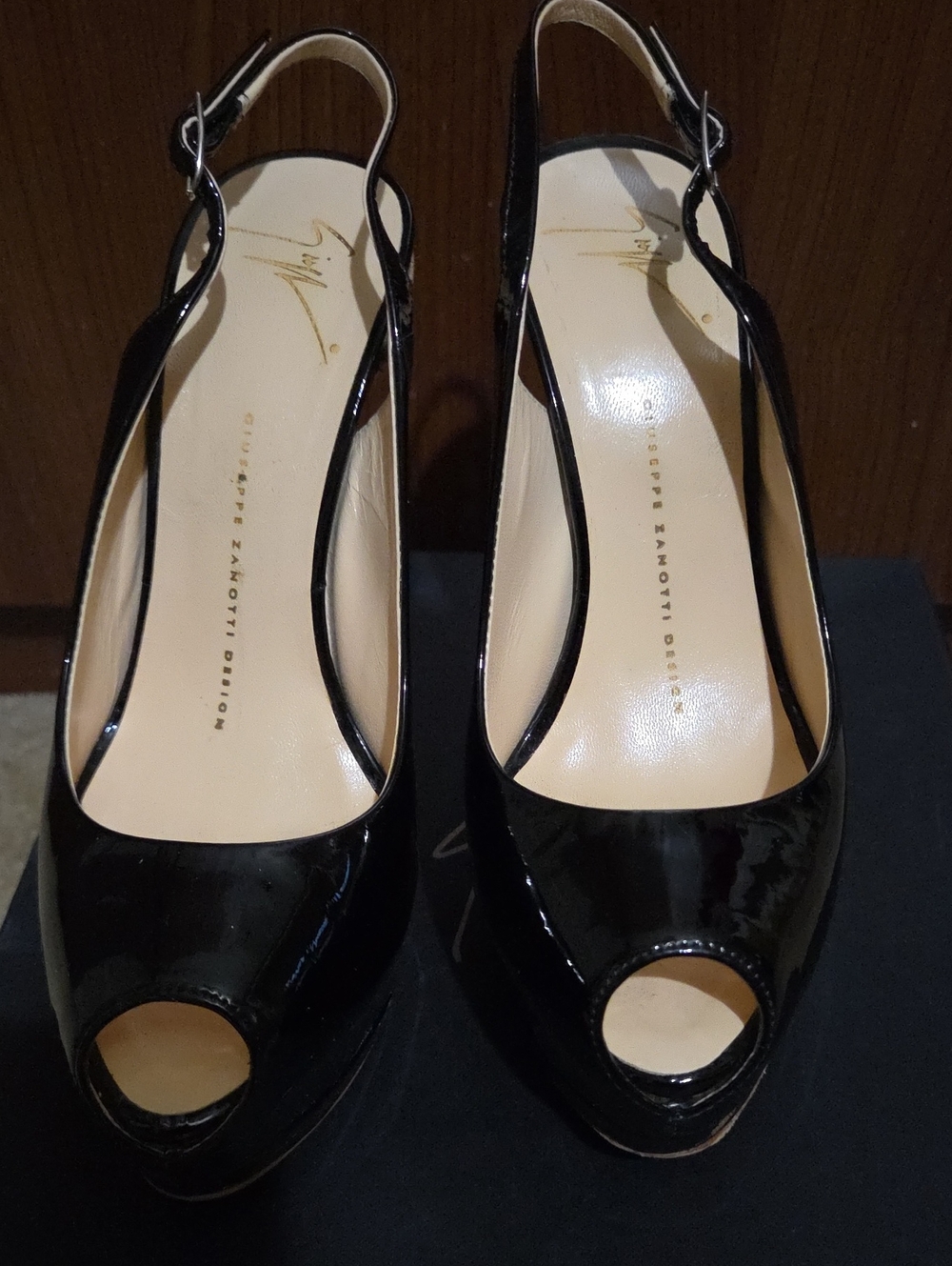 Giuseppe Zanotti Black Patent Peep-Toe Slingback Heels